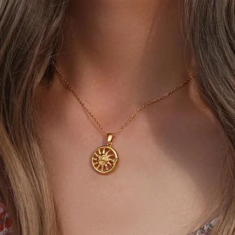 New Sun & Moon 18K Gold Pendant Necklace, NICE NECKLACE, CUTE NECKLACE
